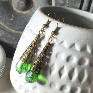 Bronze Faceted Crystal Emerald Green Antiqued Filigree Teardrop Earrings